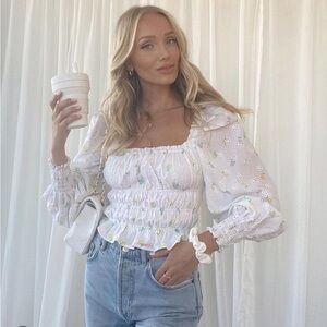 FOR LOVE & LEMONS White Floral Puff Sleeve Top